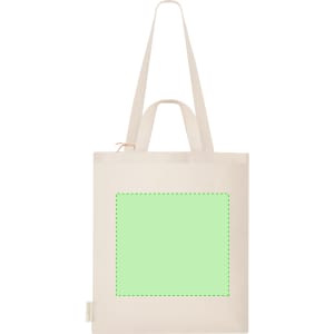 A cream-coloured tote bag featuring a green outlined square, with a logo on one side.
