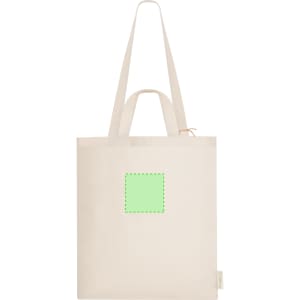 A tote bag in a natural beige colour with long handles and a branding logo on one side.