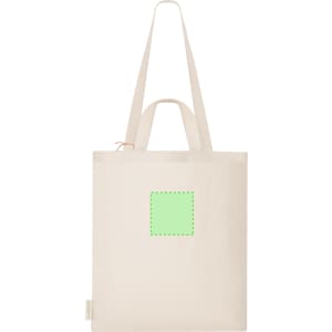 A beige tote bag with long handles and a green dashed square on the front. The bag has a small branded tag.