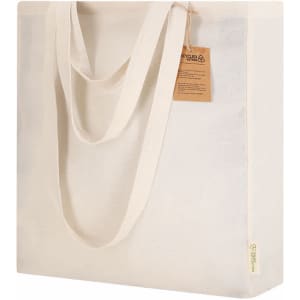 A beige tote bag with sturdy handles and a tag, made from recycled materials. Features a logo on the side.