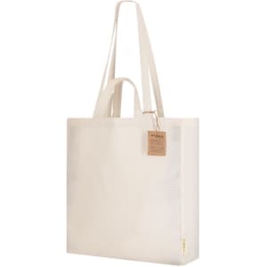 A beige tote bag with long handles and a tag, featuring a simple, minimalistic design.
