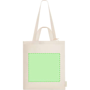 A cream tote bag with long handles and a blank green rectangle for custom designs. It features a small logo.
