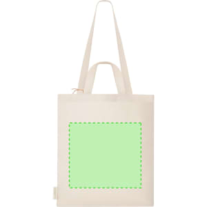 A beige tote bag with long handles and a blank green section for custom design. Features a branding label.