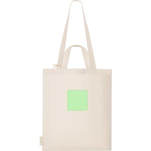 A beige tote bag with long handles, featuring a green square design in the centre and a logo on the side.