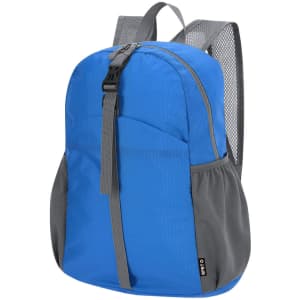 A blue and grey foldable backpack with adjustable straps and a front pocket. It features a logo on the side.
