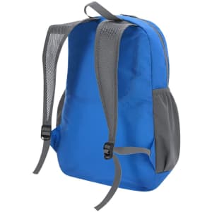 A foldable backpack in vibrant blue with grey mesh straps and side pockets. It features an adjustable strap design.