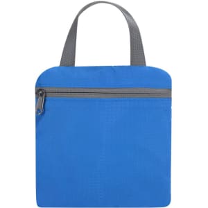 A blue foldable backpack with a grey handle and zip pocket on the front. Featuring a simple design and lightweight fabric.