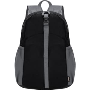 A black and grey foldable backpack with mesh detailing and a logo on the side.