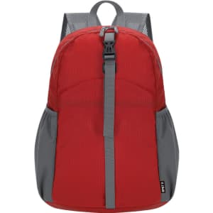 A red and grey foldable backpack with adjustable straps and side pockets. It features a logo on the front.