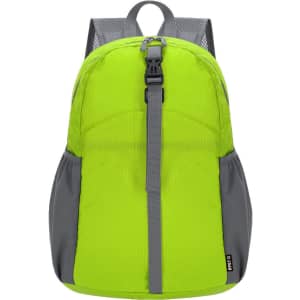 A foldable backpack in bright green and grey, featuring mesh straps and a front buckle closure, with a logo.