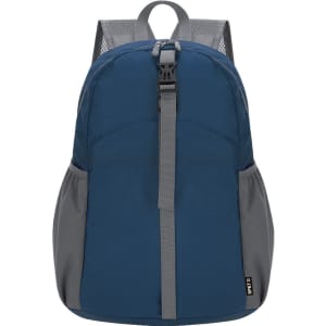 A foldable backpack in navy blue with grey accents, featuring adjustable straps and a logo.