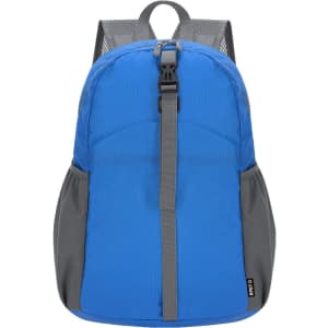 A blue and grey foldable backpack featuring adjustable straps and a mesh back. It has a logo on the side.