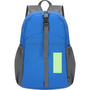 A blue foldable backpack with grey accents and a mesh back, featuring a clip and a small logo.