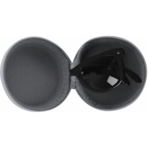 A grey protective case containing black sunglasses inside. The case is unzipped, revealing the sunglasses clearly.