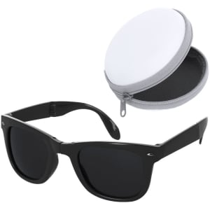 Black sunglasses with dark lenses and a grey carrying case. The case is round with a zip closure.