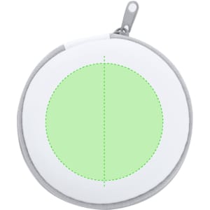 A round, zippered case in white and grey with a green circular design on the front, featuring a small attachment loop.