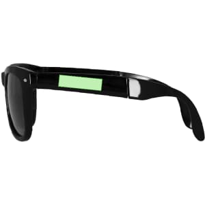 Black sunglasses featuring dark lenses and a green accent on the side, with a logo on the frame.