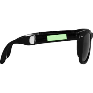Black sunglasses featuring a unique design element on the temple. The frame is sleek and lightweight.
