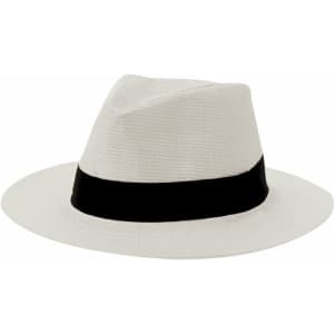 A straw hat in white with a black band, featuring a logo on the side.