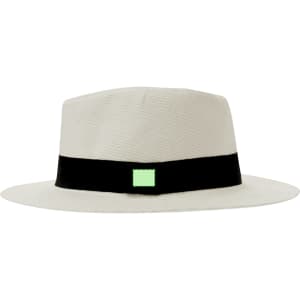 A straw hat in light beige featuring a black band and a small green logo.