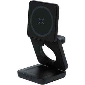 A wireless charger in black with a foldable design, featuring a round charging pad and a logo.