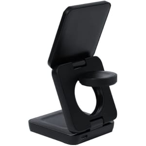 A wireless charger in sleek black with a foldable design, featuring a circular charging pad and a small base.