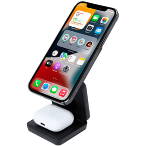 A wireless charger in black, with a phone and AirPods resting on it. It features a sleek design and an attached stand.