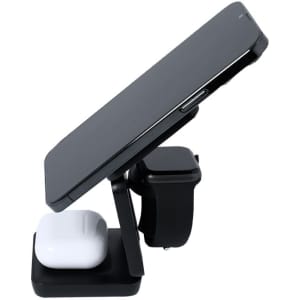 A wireless charger in black, designed for a phone, AirPods, and a smartwatch, featuring a sleek stand.