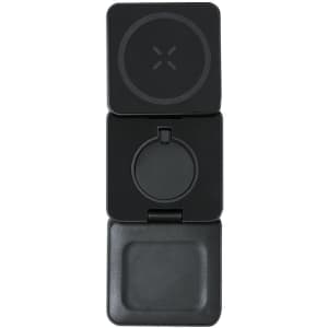 A black wireless charger with a compact, foldable design featuring a smooth finish and a logo.