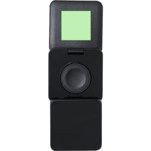 A black wireless charger with a green indicator. It features a compact, foldable design and a simple logo.
