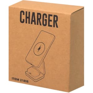 A brown cardboard box containing a wireless charger design with a logo on the front.