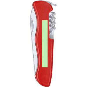 A red multifunction pocket knife with a transparent handle, featuring various tools and a logo.