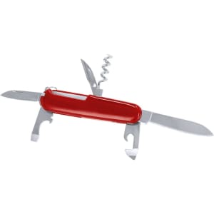 A red multifunction pocket knife with various metal tools including blades, a corkscrew, and bottle opener.