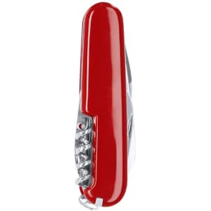 A red multifunction pocket knife featuring a corkscrew and various tools, with a logo visible on the handle.