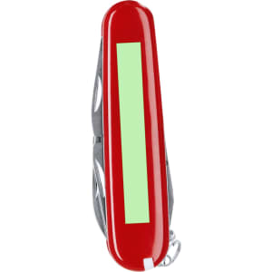 A red multifunction pocket knife with several tools and a keyring attachment. It features a logo.