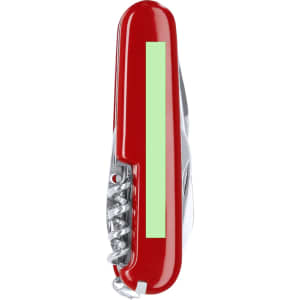 A red multifunction pocket knife with a silver metal blade and corkscrew, featuring a smooth surface and a light green panel.