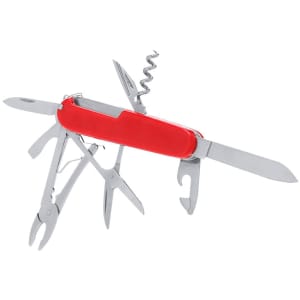 A red multifunction pocket knife with various tools including blades, pliers, and a corkscrew. Features a logo.