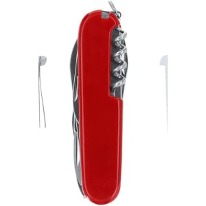 A red multifunction pocket knife featuring various tools, including a corkscrew, with a silver metal finish.