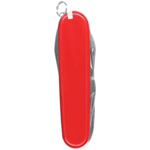 A red and grey multifunction pocket knife with a keyring attachment. It has a sleek, compact design.