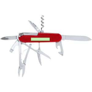 A multifunction pocket knife in red with various tools including blades, pliers, and a corkscrew. Features a logo.