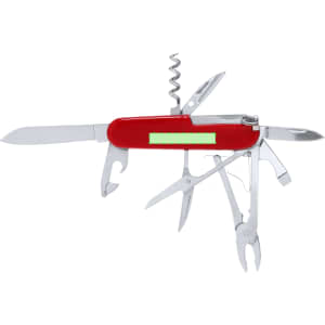 A red multifunction pocket knife with various stainless steel tools, including a knife, scissors, and pliers.