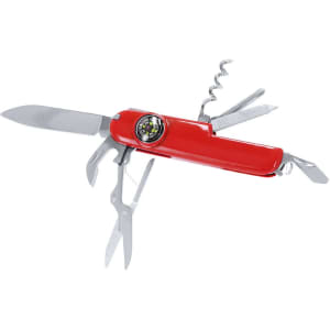 A red multifunction pocket knife with various tools including a blade, scissors, and corkscrew, featuring a logo.