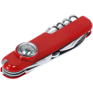 A red multifunction pocket knife with a compass and various tools attached. It features a shiny metallic finish.