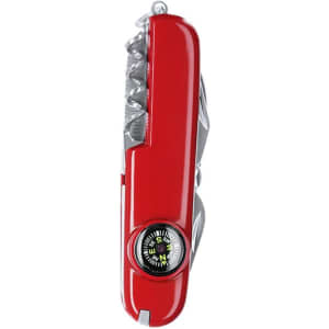 A red multifunction pocket knife with various tools and a compass, featuring a keyring attachment.