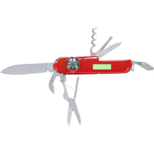 A red multifunction pocket knife featuring multiple tools, including a knife, scissors, and a corkscrew.