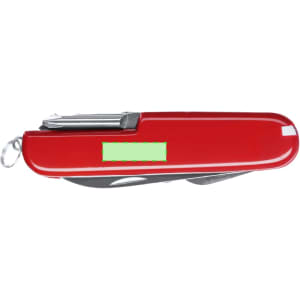 A red multifunction pocket knife featuring various tools and a silver keyring attachment.