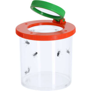 A clear magnifying jar with a red base and green lid, featuring small insects inside. It has a circular magnifying top.