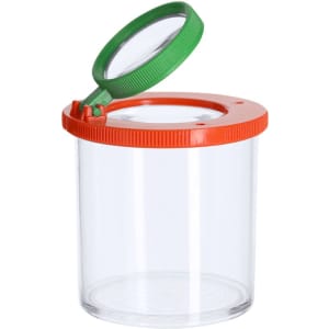 A clear jar with a red lid and a green magnifying glass attached. Features a logo on the lid.