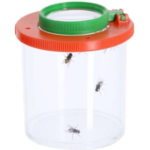 A clear magnifying jar with a green and orange lid, featuring insects inside.