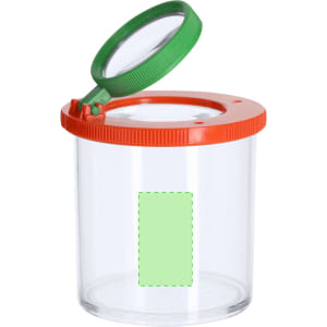 A clear magnifying jar with a green lid and orange rim, featuring a transparent body for visibility.